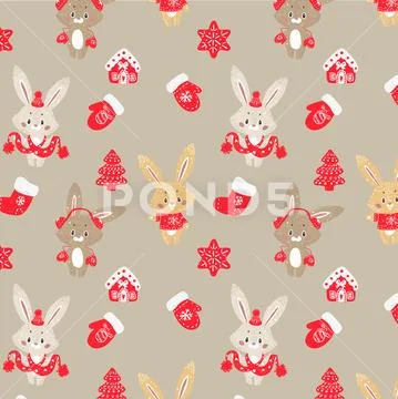 Christmas trees forest, socks. Rabbit bunny in a scarf. Stock Illustration