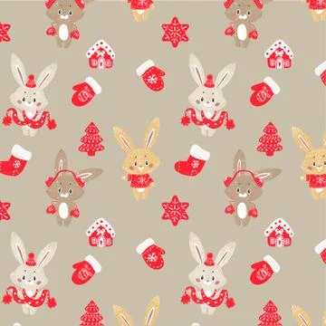 Christmas trees forest, socks. Rabbit bunny in a scarf. Stock Illustration