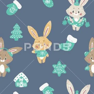 Christmas trees forest, socks. Rabbit bunny in a scarf. Stock Illustration