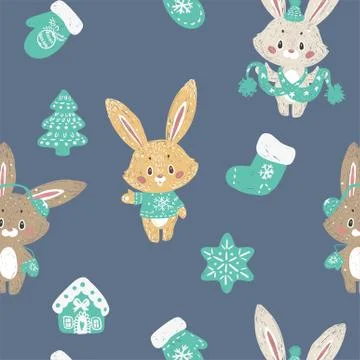 Christmas trees forest, socks. Rabbit bunny in a scarf. Stock Illustration