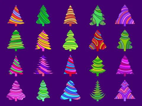 Christmas trees icons set. Multi-colored Christmas trees with a pattern. Pine イラスト素材