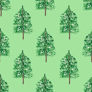 Christmas trees on a light green background seamless pattern. Watercolor fir Stock Illustration