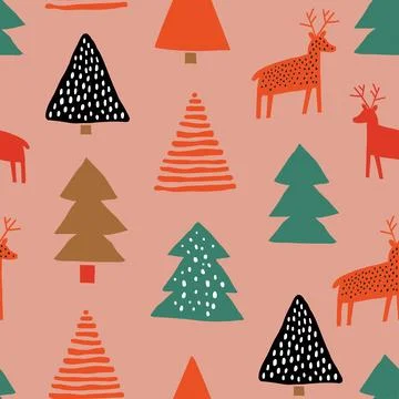 Christmas trees, reindeers pattern on pink background. Hand drawn Christmas Stock Illustration