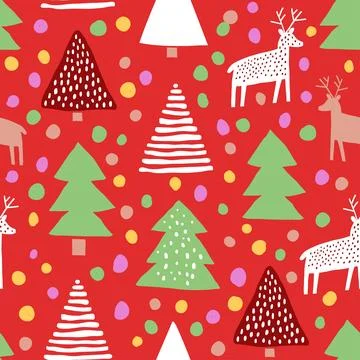 Christmas trees, reindeers pattern on red background. Hand drawn Christmas Stock Illustration