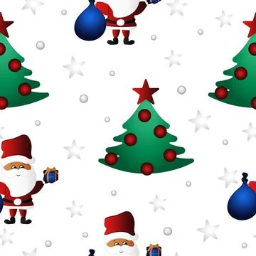 Christmas trees seamless pattern. Santa Claus with gift box. Stock Illustration