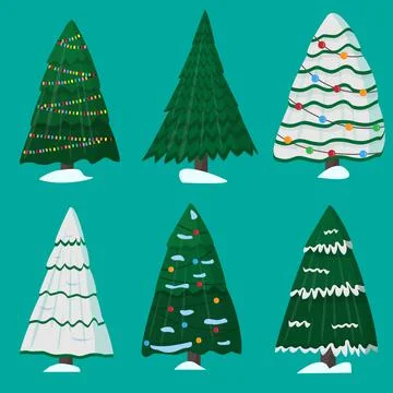 Christmas trees set in flat cartoon style. decorated with a garland, covered  Stock Illustration