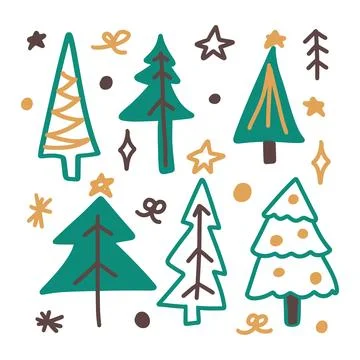 Christmas trees set. Flat simple kids design. Stock Illustration