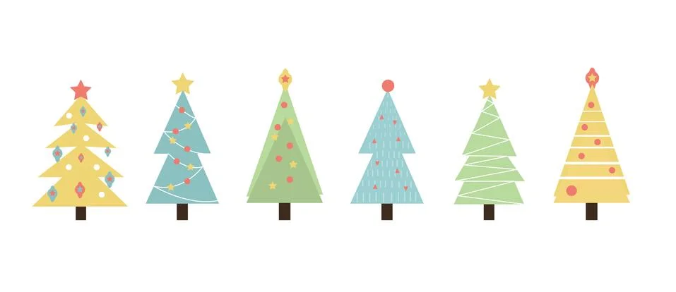 Christmas trees set of objects. Cute new year decorations collection. Isolated Stock Illustration