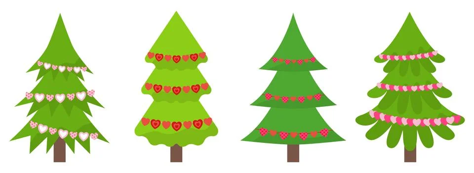 Christmas trees set vector flat with garlands Illustrazione stock