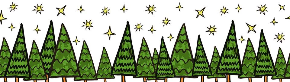 Christmas trees vector border. Seamless pattern hand drawn doodle trees green Stock Illustration
