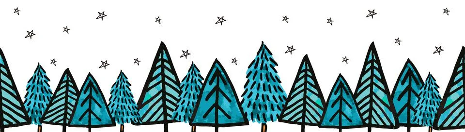 Christmas trees vector border. Seamless pattern hand drawn doodle trees blue fir Illustrazione stock