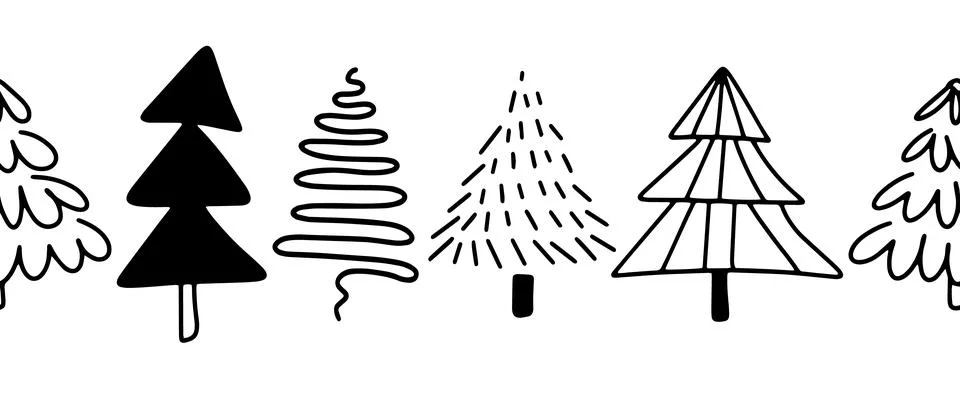Christmas trees vector border. Seamless pattern hand drawn doodle trees black Stock Illustration