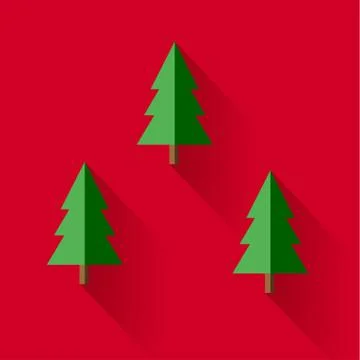 Christmas trees in vector flat design style. Fir tree icon isolated on red Stock Illustration