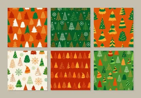 Christmas trendy tree seamless pattern set New Year traditional symbol trendy Stock Illustration