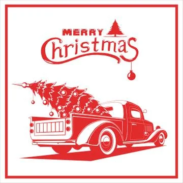 Christmas truck, red color, vector image, old card style Stock Illustration