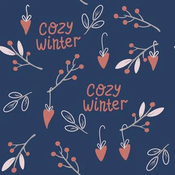 Christmas twigs seamless pattern. Berries, flowers, hearts, holly leaves, dec Stock Illustration