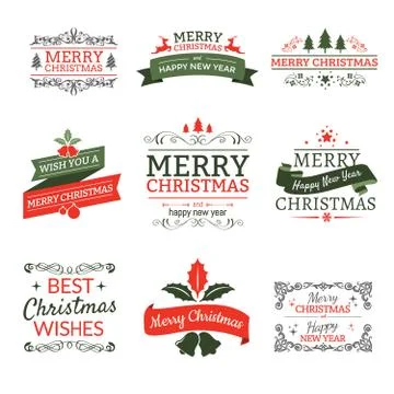 Christmas typographic elements labels and ribbons Stock Illustration