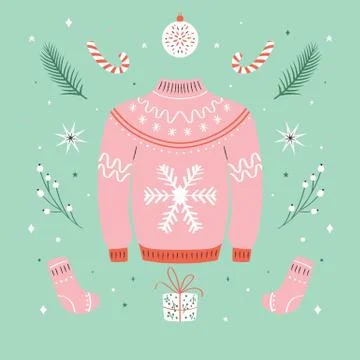 Christmas ugly sweater pattern. Woolen winter clothes and traditional festive Stock Illustration