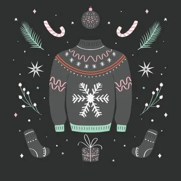 Christmas ugly sweater pattern. Woolen winter clothes and traditional festive Stock Illustration