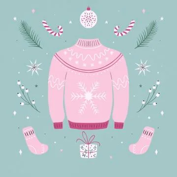 Christmas ugly sweater pattern. Woolen winter clothes and traditional festive Stock Illustration