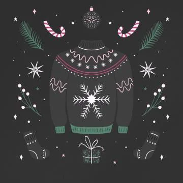 Christmas ugly sweater pattern. Woolen winter clothes and traditional festive Stock Illustration
