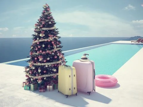 Christmas vacation at the pool. 3d rendering Ilustración de archivo