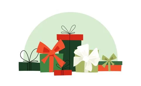 Christmas vector background with red and green gift boxes with ribbon bows. Stock Illustration