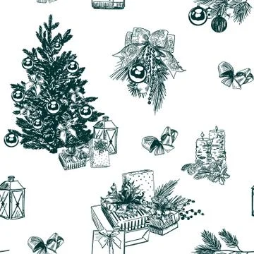 Christmas vector background sketch set engraving Stockillustratie