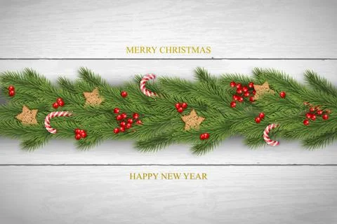 Christmas vector background with wishes, pine branches, berries, wooden stars. Stock Illustration