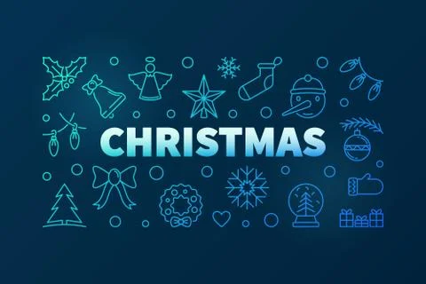 Christmas vector blue linear horizontal illustration or banner Stock Illustration
