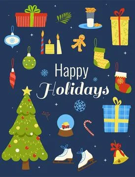 Christmas vector card in flat style with lettering. Happy Holidays. Christm.. Stock Illustration