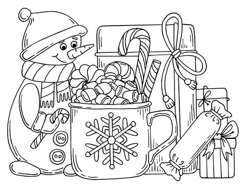 Christmas vector coloring page. Festive gift boxes, a cup with a hot drink an Stock Illustration