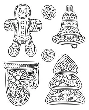 Christmas vector coloring page. Set of festive gingerbread cookies, yummy swe Stock Illustration