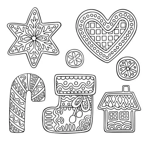 Christmas vector coloring page. Set of festive gingerbread, yummy sweet sock, イラスト素材