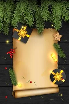 Christmas Vector Composition on Dark Wooden Background. For Greeting Card. Stock Illustration