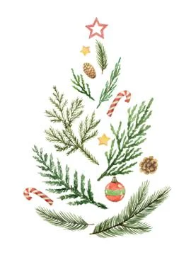 Christmas vector composition in the form of a green tree of branches and toys Stock Illustration