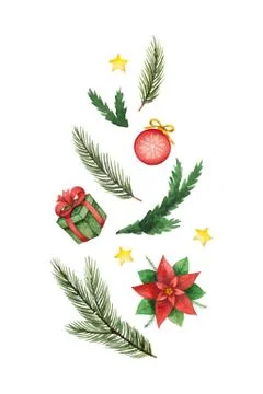 Christmas vector composition in the form of a green tree of branches and toys Stock Illustration