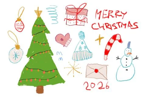 Christmas vector crayon illustration set. Tree, presents, decorations, hat,.. 스톡 일러스트