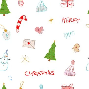 Christmas vector crayon seamless pattern. Tree, presents, decorations, hat,.. Illustrazione stock
