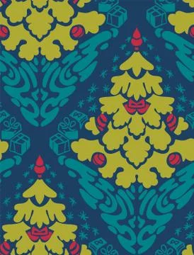 Christmas vector damask pattern seamless dark blue green Stock Illustration