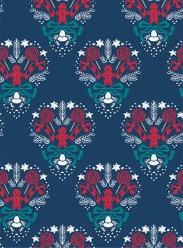 Christmas vector damask pattern seamless dark blue Stock Illustration