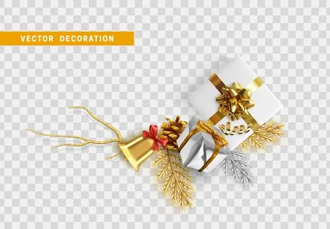 Christmas vector decoration realistic gift box, Golden branches, pine cone, g Stock Illustration