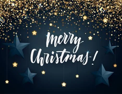 Christmas vector design with lettiering, paper and glowing stars and gold Stock Illustration
