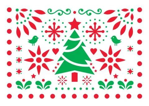 Christmas vector design - Mexican folk art pattern, red and green greeting card Stock Illustration
