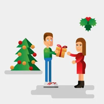Christmas vector flat illustration with man giving a gift for woman Stock Illustration