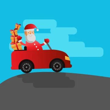 Christmas vector flat illustration with santa riding the car Stock Illustration