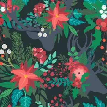 Christmas vector floral seamless pattern with deer Stock Illustration