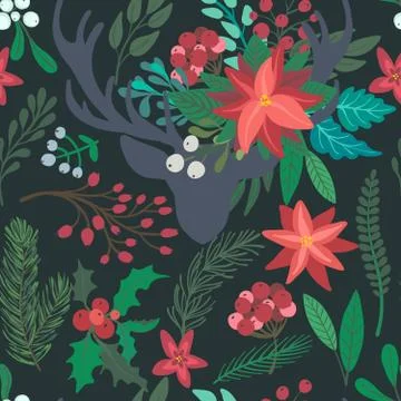 Christmas vector floral seamless pattern with deer Illustrazione stock