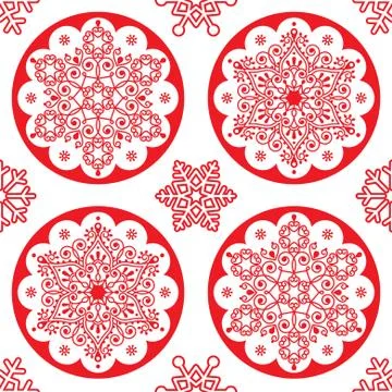 Christmas vector folk pattern - red snowflake mandala seamless design Illustrazione stock