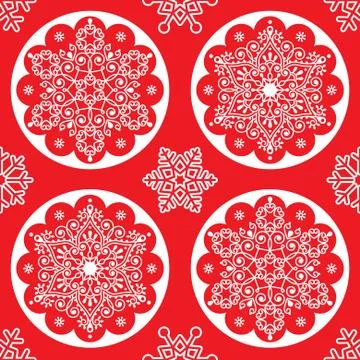 Christmas vector folk pattern - white snowflake mandala seamless design on red Illustrazione stock